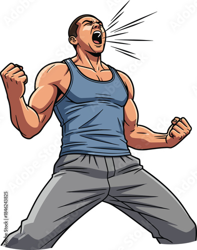 A powerful muscular man in a blue tank top screaming with intense rage and clenched fists.