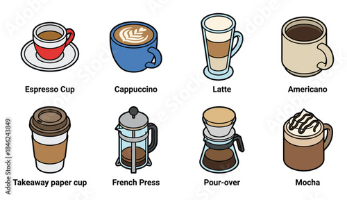 Coffee Drinks Collection Espresso, Cappuccino, Latte, Americano, Takeaway, French Press, Pour-over, Mocha