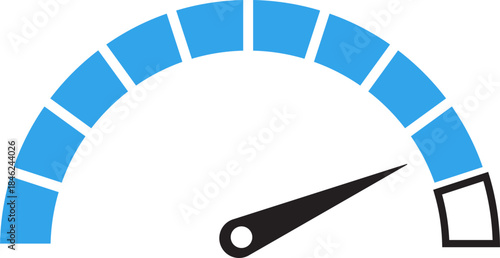 Speed Meter Icon. Speed indicator sign. Performance concept. Fast speed sign. Vector scale, level of performance. Speed dial indicator. Infographic of risk, gauge, score progress.