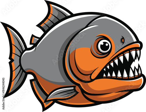 Angry cartoon piranha mascot with sharp teeth and open mouth.