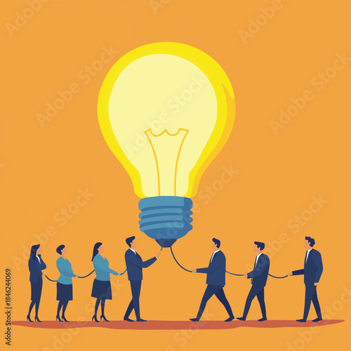 Group of business people and support going to plug the light bulb