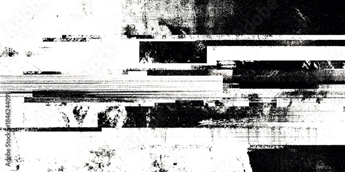 Abstract digital artwork featuring chaotic black glitch elements and irregular blocks on a white background.