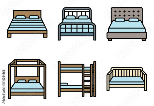 Collection of Six Different Bed Types Illustration in Flat Design