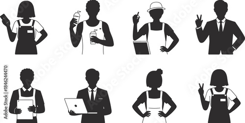 Business and service worker silhouette icon set illustration, professional people gestures, office staff, retail employees, modern workforce collection