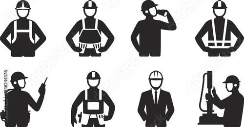 Construction worker icon set illustration showing engineer, builder, technician, safety helmet, industrial jobs, professional labor silhouettes
