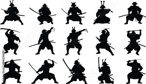 Dynamic Silhouettes of Ancient Japanese Samurai Warriors in Combat Poses