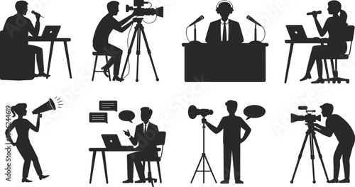 Media and broadcasting professional silhouette icon set, podcast, journalism, video production, interview, communication studio people illustration collection