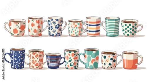 Collection of 14 Ceramic Mugs with Different Patterns and Colors