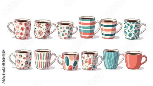 Colorful Collection of Decorative Coffee Mugs with Various Patterns