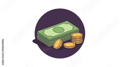 Illustration of stacked money bills and gold coins on a dark circular background