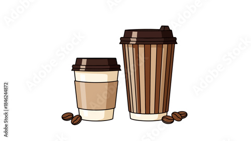 Two Cartoon Coffee Cups with Coffee Beans and Cardboard Sleeves, Isolated