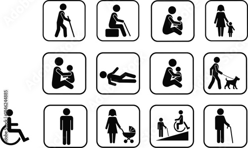Caregiving and accessibility pictogram set showing elderly, disability, family support, parenting, mobility assistance icons for healthcare, social services, and inclusive design
