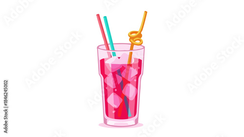 Refreshing Pink Cocktail with Ice and Colorful Straws in a Tall Glass