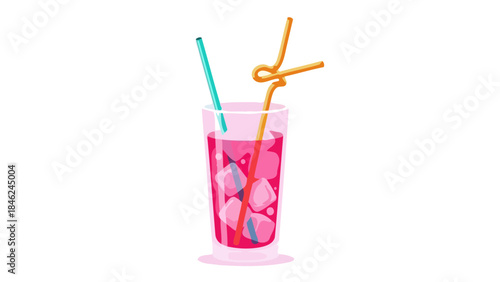 Refreshing Pink Cocktail with Ice Cubes and Two Straws in a Tall Glass