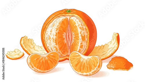 Freshly Peeled Mandarin Orange with Segments and Peel - Healthy Food Illustration