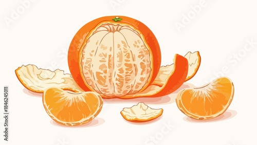 Peeled Mandarin Orange with Segments and Peel on White Background, Vector Illustration