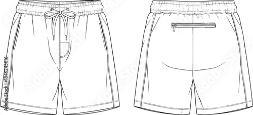 Men elastic waist drawstring shorts technical flat CAD drawing front back view vector illustration apparel template outline fashion design menswear
