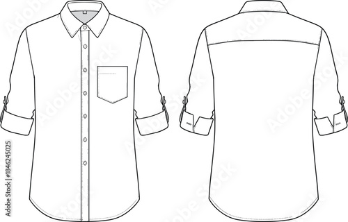 Men casual button down shirt technical front back view flat vector CAD drawing apparel design illustration for fashion production template