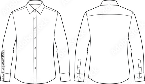 Men long sleeve button down shirt technical flat CAD drawing front back view vector illustration apparel design fashion template outline