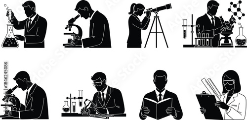 Scientists working in laboratory illustration, scientific research activities, chemistry experiments, microscopy analysis, astronomy observation, black white silhouette vector set