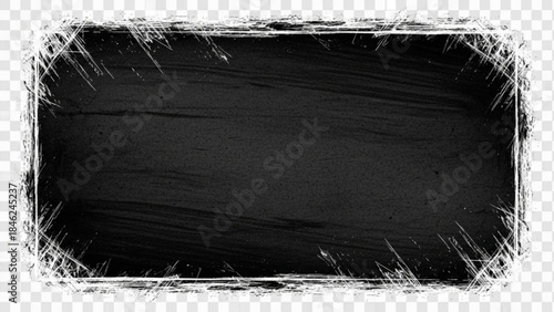 Black chalkboard label with white border on transparent background for writing messages