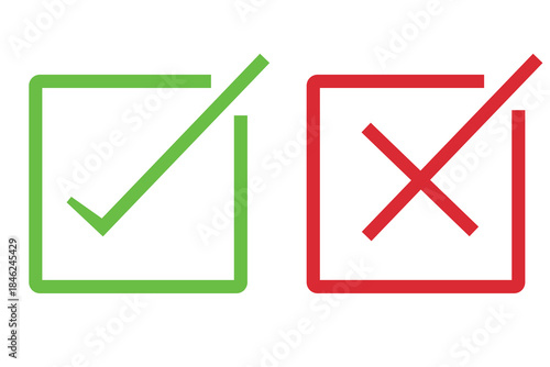 Green check mark and red cross mark icon in box. Check box icon red and green. Green Tick Mark and red cross mark Icon. Vector illustration.