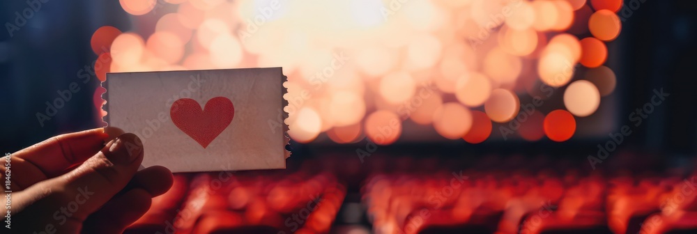 Naklejka premium Romantic movie night with heart ticket in cinema for valentine day celebration. Horizontal banner. Copy space. Mock-up, template for cinema or theatre. White card with heart in hand, cinema background