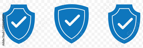 Three shield icons with checkmarks representing security safety and approval isolated on transparent background