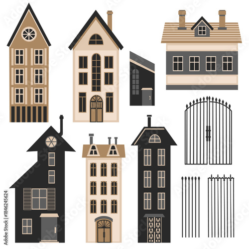 Townhouse buildings and wrought iron gate collection, isolated on white, flat vector illustration