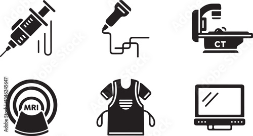Medical and laboratory equipment icons including syringe ct scan mri computer and apron