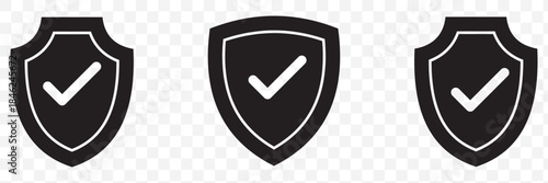 Three shield icons with checkmarks representing security safety and approval isolated on transparent background