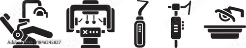 Black and white icons of various power tools on a white background