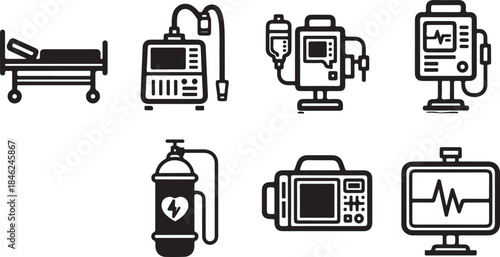 Medical equipment and hospital icons in black and white