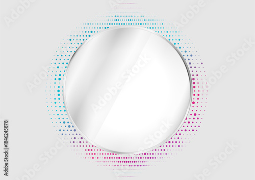 Metallic shiny circle frame with blue purple dots halftone abstract background. Vector design