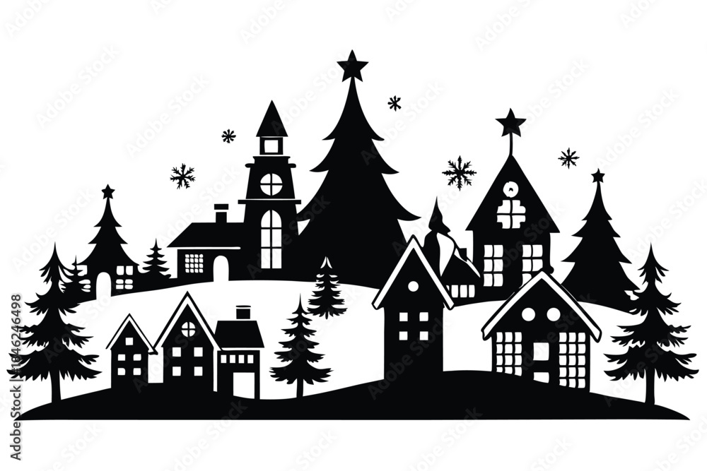 Fototapeta premium christmas village line art silhouette vector illustration