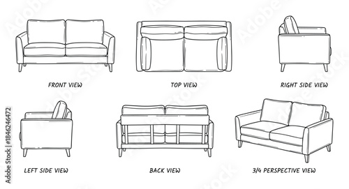 Detailed Line Drawing of a Loveseat Sofa with Six Different Views