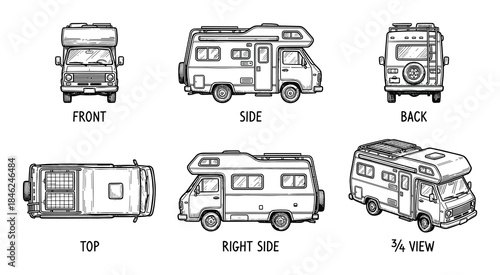 Detailed Sketch of a Camper Van in Multiple Angles Front Side Back Top Right 3/4 View