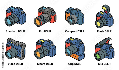 Different DSLR Camera Types Standard Pro Compact Flash Video Macro Grip Mic Isolated