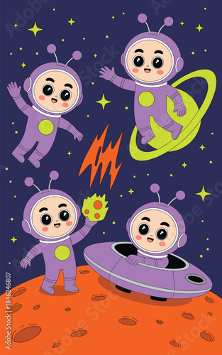 Cute cartoon children in purple space suits exploring outer space with flying saucers and spaceships, surrounded by stars, planets, cosmic explosions, and alien adventures, suitable for children’s boo