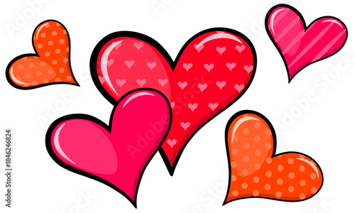 Valentines day hearts in pink and red, isolated on white, vector illustration