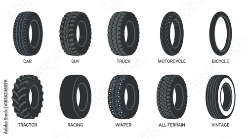 Different Vehicle Tires: Car, SUV, Truck, Motorcycle, Bicycle, Tractor, Racing, Winter, All-Terrain, Vintage