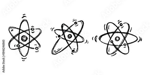 Set of hand drawn atom sign Molecule clipart in doodle style Symbol of science, education, nuclear energy, scientific research, molecular chemistry Single element for print, web, design