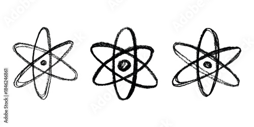 Set of hand drawn atom sign Molecule clipart in doodle style Symbol of science, education, nuclear energy, scientific research, molecular chemistry Single element for print, web, design