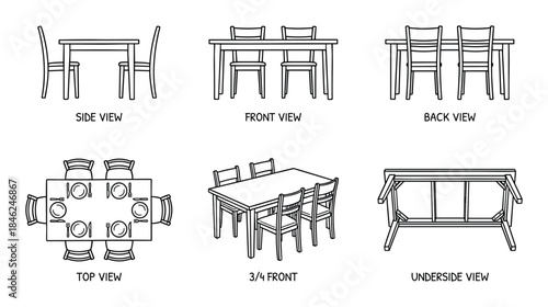Dining Table and Chairs Technical Drawing Various Views