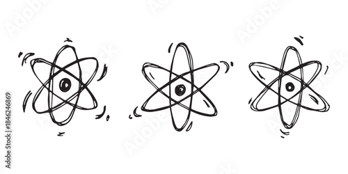 Set of hand drawn atom sign Molecule clipart in doodle style Symbol of science, education, nuclear energy, scientific research, molecular chemistry Single element for print, web, design