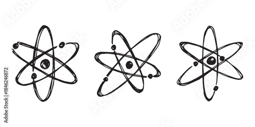 Set of hand drawn atom sign Molecule clipart in doodle style Symbol of science, education, nuclear energy, scientific research, molecular chemistry Single element for print, web, design