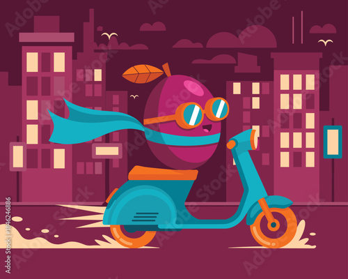 Colorful animated robot character riding a scooter through a cityscape at dusk with vibrant urban background, cheerful mood, modern digital illustration, playful scene, ideal for technology, innovatio