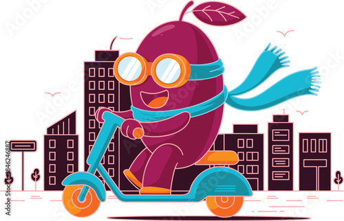Whimsical cartoon grape character riding a scooter through a modern cityscape wearing sunglasses and a scarf, representing fun, urban lifestyle, youthful energy, summer vibe, summer activity, playful