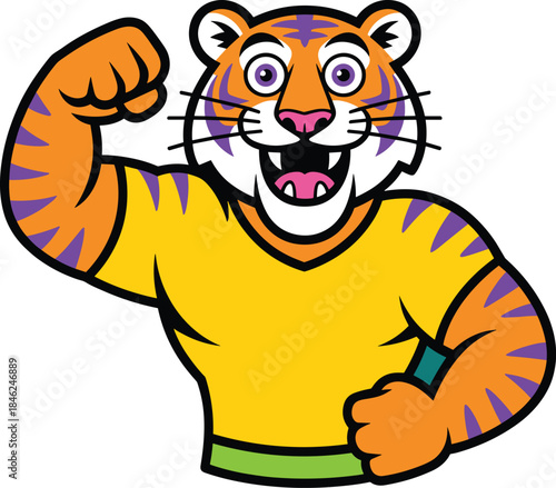 Colorful cartoon tiger character with a muscular build and cheerful expression, wearing a bright yellow shirt and flexing arm, set against a solid teal background, suitable for entertainment, kids' il