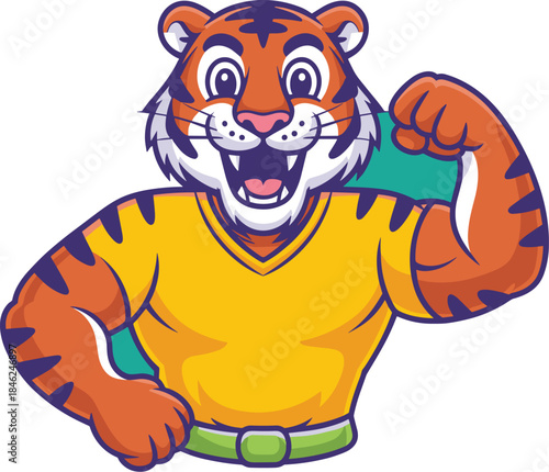 Cartoon tiger mascot character with muscular build wearing a bright yellow sports jersey, flexing arm in a confident pose, vibrant digital illustration style suitable for branding, advertising, sports